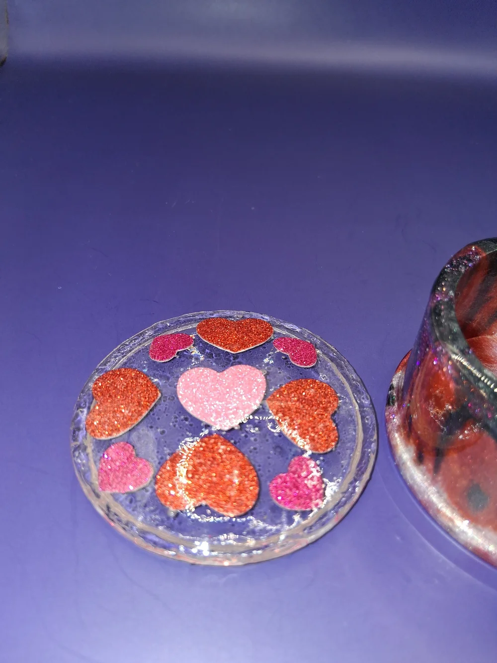 Handmade Round Trinket Box with Red Glitter Heart Accents